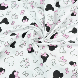 Baumwolle 100% - kleine schwarz-rosa Miki mit Schleife auf weißem Hintergrund  