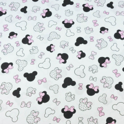 Baumwolle 100% - kleine schwarz-rosa Miki mit Schleife auf weißem Hintergrund  