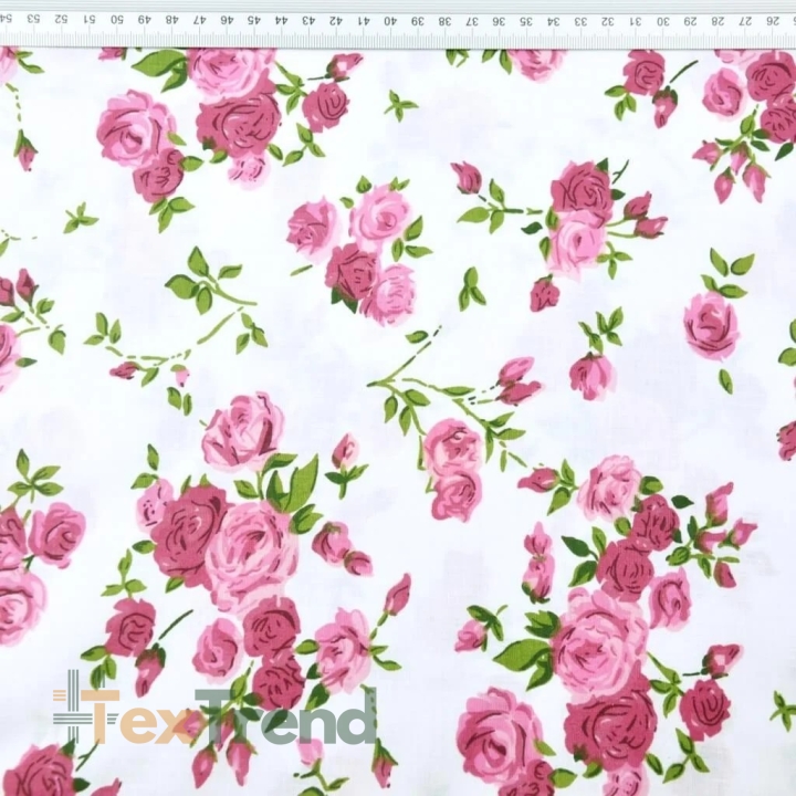 100% Baumwolle rosa Röschenzweige auf weißem Hintergrund - 220cm  