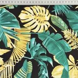 Baumwolle 100% Blätter gold-smaragd auf schwarzem Hintergrund  