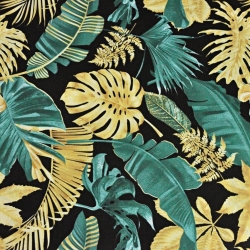 Baumwolle 100% Blätter gold-smaragd auf schwarzem Hintergrund  