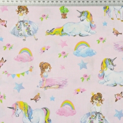 Baumwolle 100% bunte Einhörner mit Prinzessinnen auf rosa Hintergrund  