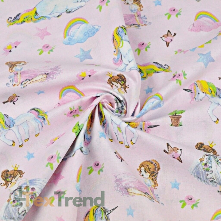 Baumwolle 100% bunte Einhörner mit Prinzessinnen auf rosa Hintergrund  