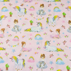 Baumwolle 100% bunte Einhörner mit Prinzessinnen auf rosa Hintergrund  