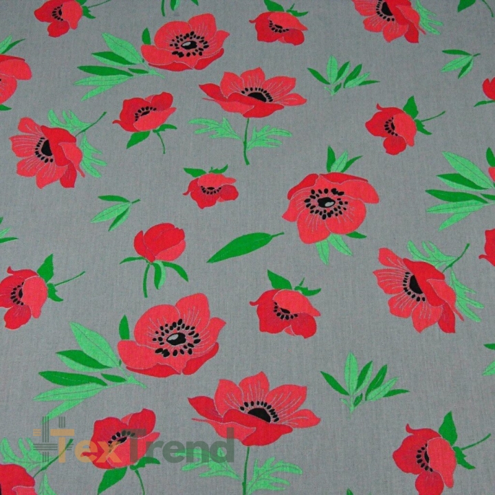 Baumwolle 100% rote Mohnblumen auf dunkelgrauem Hintergrund  