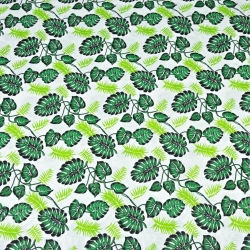 Baumwolle 100% - kleine grüne Monstera-Blätter auf weißem Hintergrund  