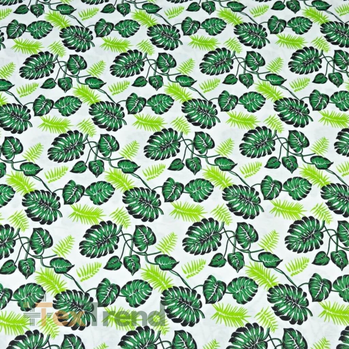 Baumwolle 100% - kleine grüne Monstera-Blätter auf weißem Hintergrund  