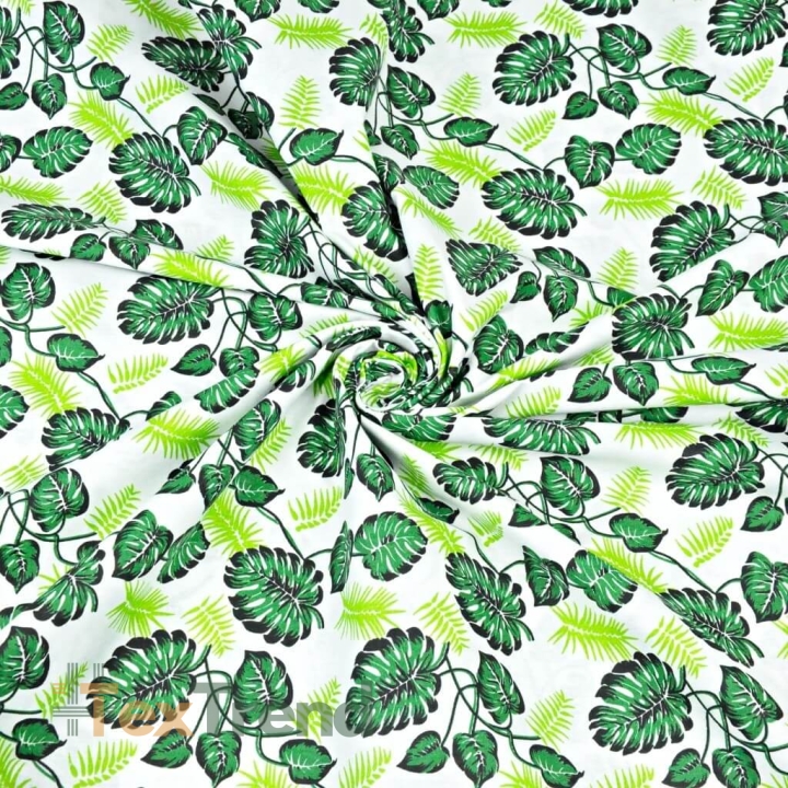 Baumwolle 100% - kleine grüne Monstera-Blätter auf weißem Hintergrund  