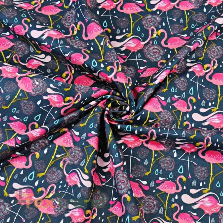 Baumwolle 100% Flamingos rosa auf smaragdgrünem Hintergrund  
