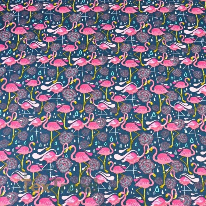 Baumwolle 100% Flamingos rosa auf smaragdgrünem Hintergrund  