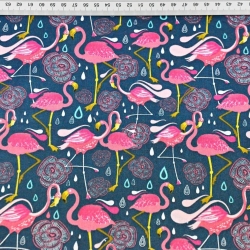 Baumwolle 100% Flamingos rosa auf smaragdgrünem Hintergrund  