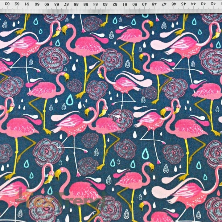 Baumwolle 100% Flamingos rosa auf smaragdgrünem Hintergrund  