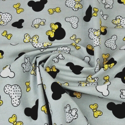 100% Baumwolle MIKI kleine schwarz-gelbe mit Schleife auf grauem Hintergrund  