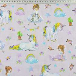 Baumwolle 100% bunte Einhörner mit Prinzessinnen auf helllila Hintergrund  