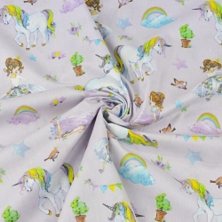 Baumwolle 100% bunte Einhörner mit Prinzessinnen auf helllila Hintergrund  