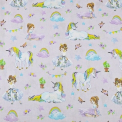 Baumwolle 100% bunte Einhörner mit Prinzessinnen auf helllila Hintergrund  