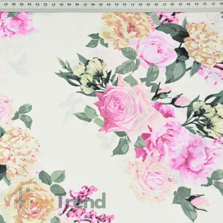 Baumwolle 100% Blumensträuße große Rosen auf ecru Hintergrund  