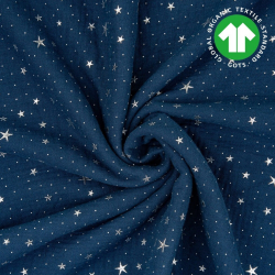 Baumwolle Musselin Double Gauze marineblau (Poseidon) mit silbernen Sternen  