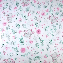 100% Baumwolle rosa Elefanten mit Zweigen auf weißem Hintergrund  