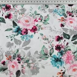 Baumwolle 100% Blumensträuße rosa-türkis-grau  