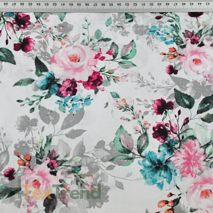Baumwolle 100% Blumensträuße rosa-türkis-grau  