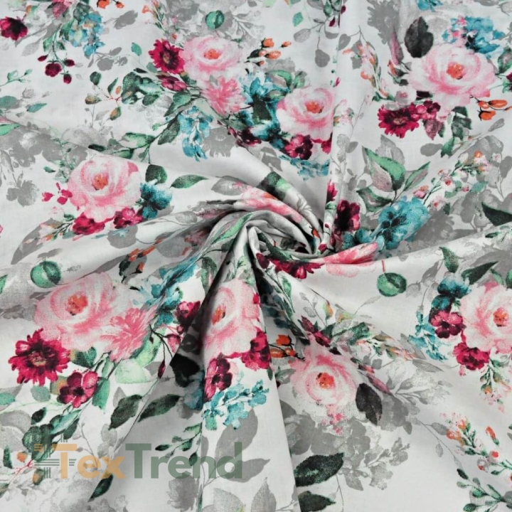 Baumwolle 100% Blumensträuße rosa-türkis-grau  
