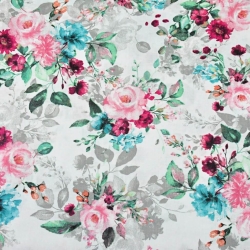 Baumwolle 100% Blumensträuße rosa-türkis-grau  