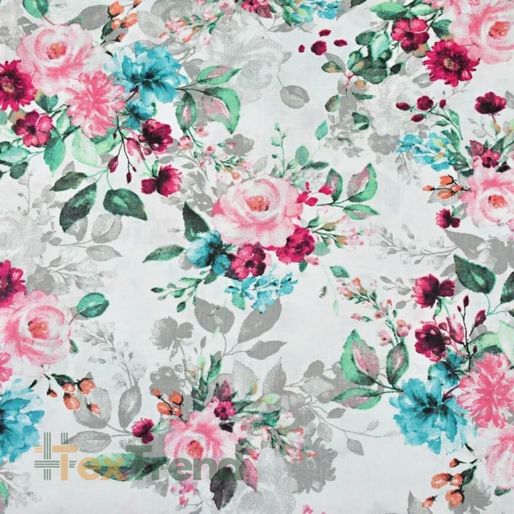 Baumwolle 100% Blumensträuße rosa-türkis-grau  