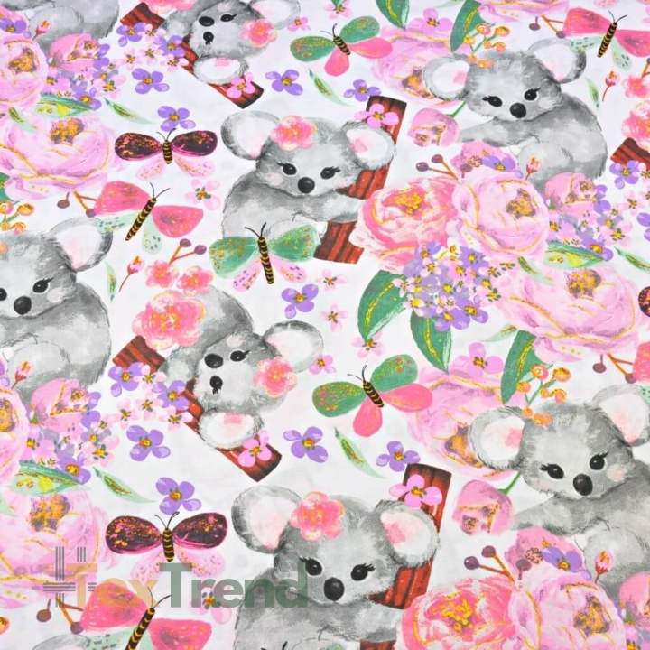100% Baumwolle Koala-Bären mit Schmetterlingen auf weißem Hintergrund  