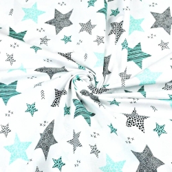 100% Baumwolle Muster Sterne mintgrau auf weißem Hintergrund  
