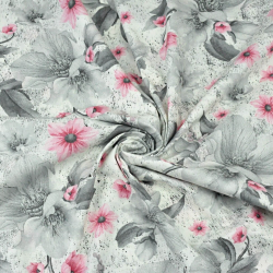 100% Baumwolle Magnolienblüten grau-rosa auf weißem Hintergrund  