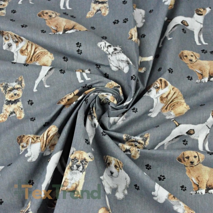 Baumwolle 100% Hunde beige-weiß auf dunkelgrauem Hintergrund  