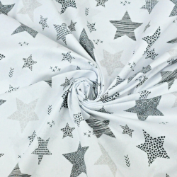 100% Baumwolle Muster Sterne beige-grau auf weißem Hintergrund  