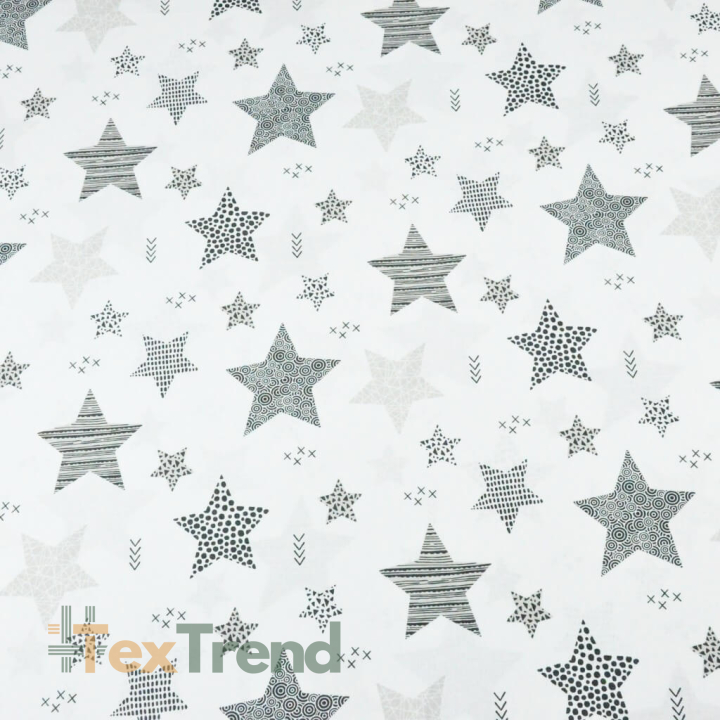 100% Baumwolle Muster Sterne beige-grau auf weißem Hintergrund  