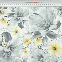 100% Baumwolle Magnolienblüten grau-gelb auf weißem Hintergrund  