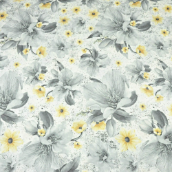 100% Baumwolle Magnolienblüten grau-gelb auf weißem Hintergrund  