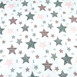 100% Baumwolle Muster Sterne rosa-grau auf weißem Hintergrund  