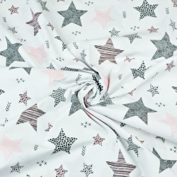 100% Baumwolle Muster Sterne rosa-grau auf weißem Hintergrund  