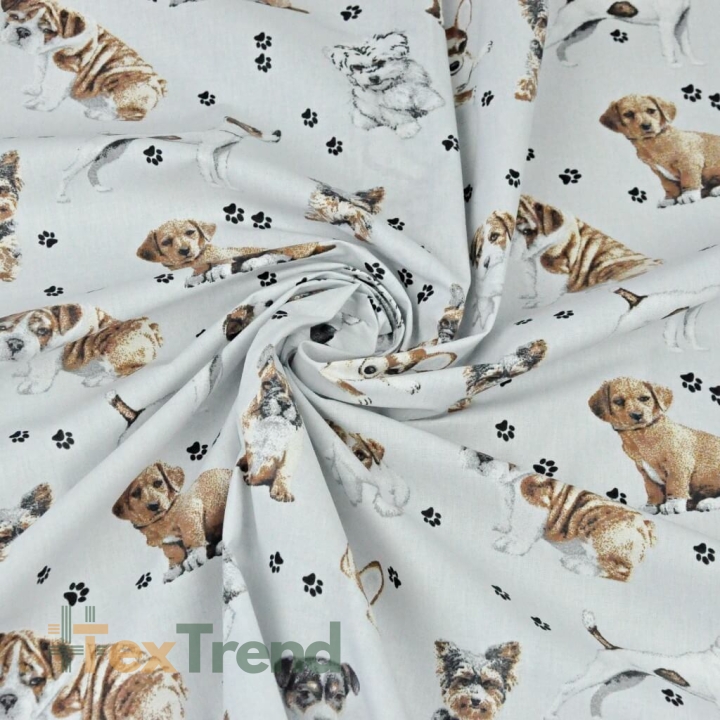 Baumwolle 100% Hunde beige-weiß auf hellgrauem Hintergrund  