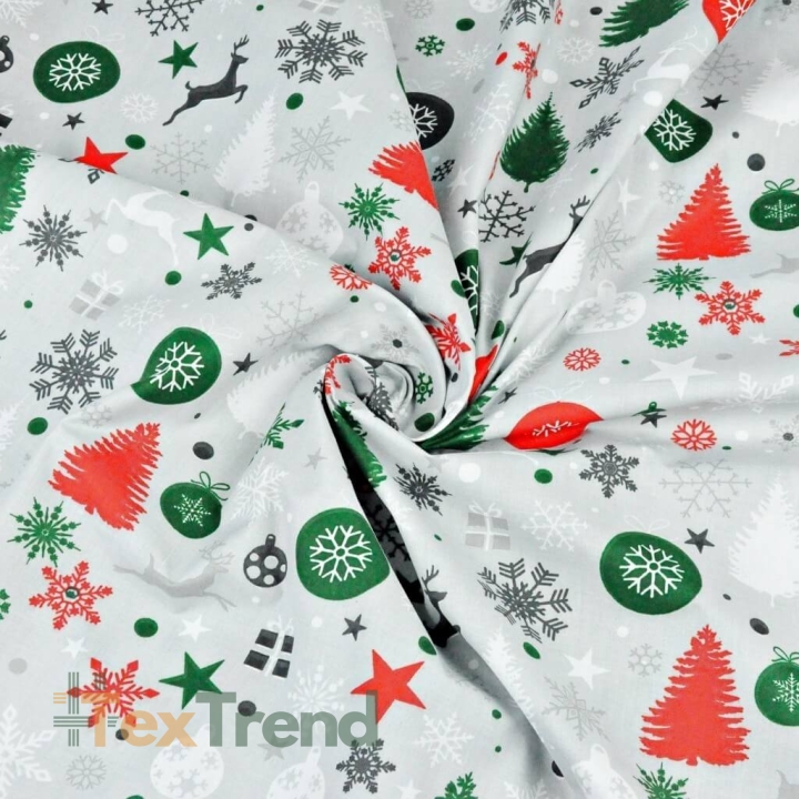 Baumwolle 100% Weihnachtsmuster rot-grün auf grauem Hintergrund  
