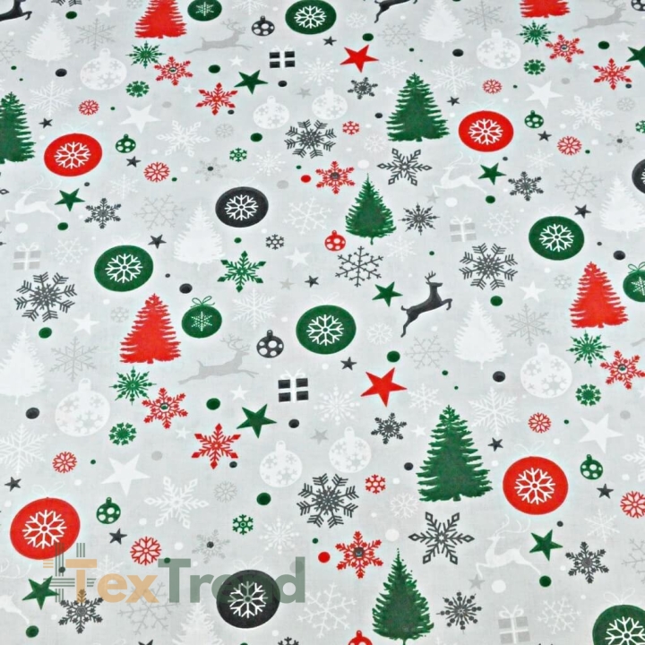 Baumwolle 100% Weihnachtsmuster rot-grün auf grauem Hintergrund  