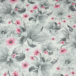 100% Baumwolle Magnolienblüten rosa-grau auf weißem Hintergrund - 220cm  
