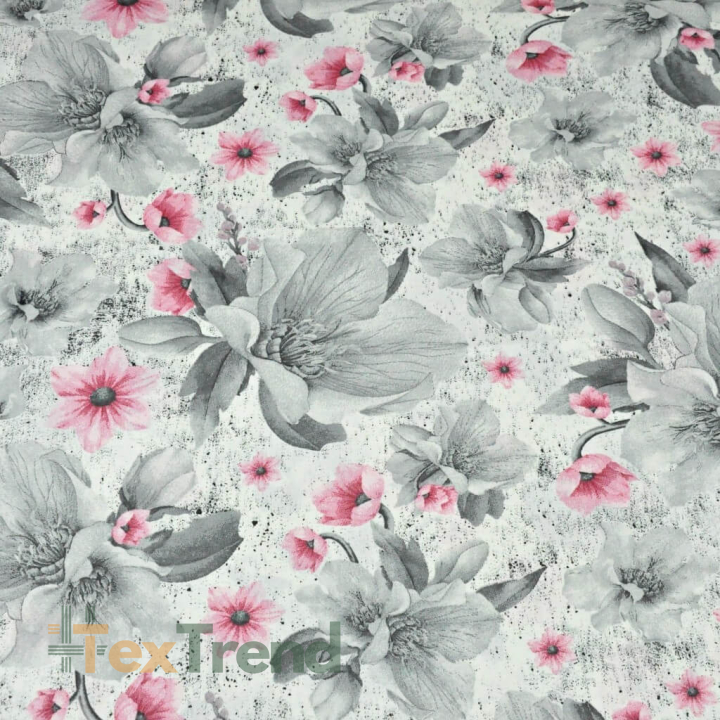 100% Baumwolle Magnolienblüten rosa-grau auf weißem Hintergrund - 220cm  