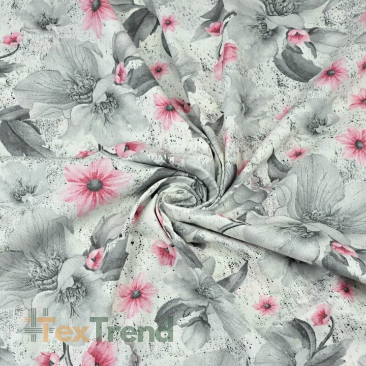 100% Baumwolle Magnolienblüten rosa-grau auf weißem Hintergrund - 220cm  