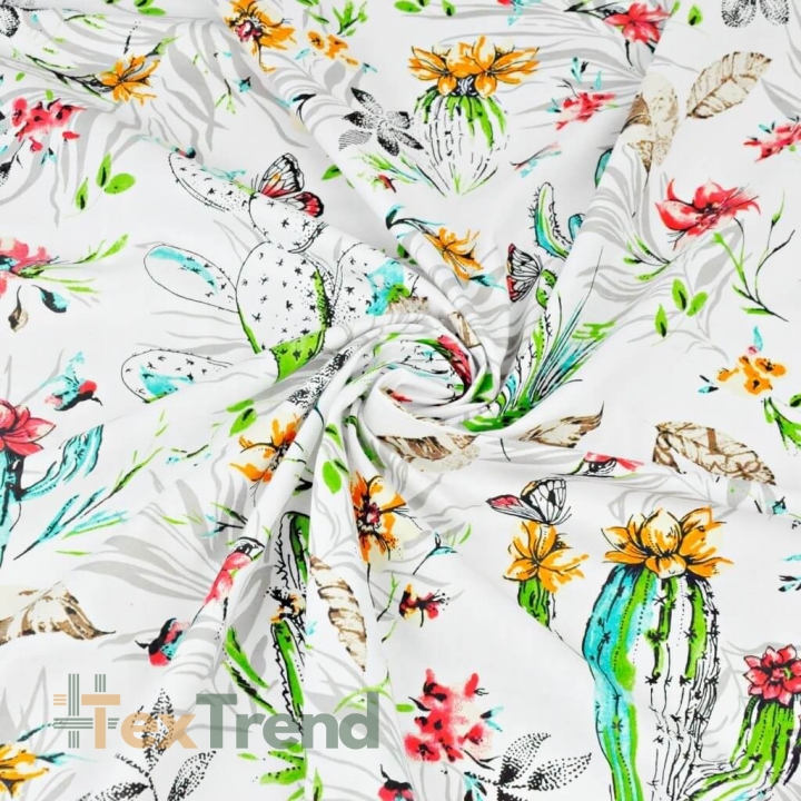 Baumwolle 100% Kakteen mit Blumen auf weißem Hintergrund  