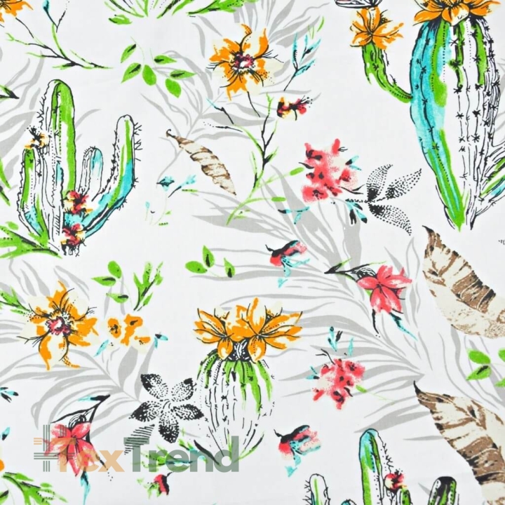 Baumwolle 100% Kakteen mit Blumen auf weißem Hintergrund  