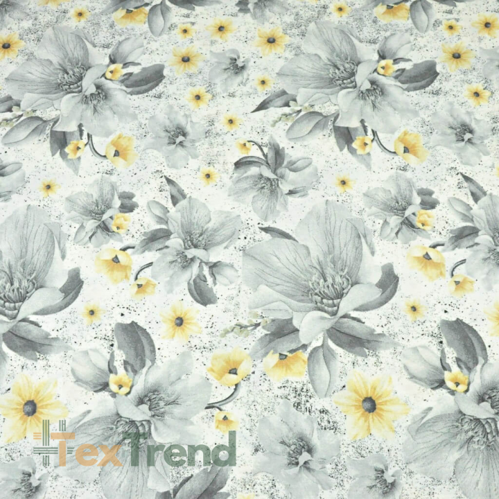100% Baumwolle Magnolienblüten gelb-grau auf weißem Hintergrund - 220cm  