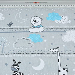 100% Baumwolle türkise Bären und Giraffen in Streifen auf grauem Hintergrund  