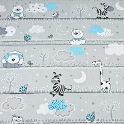 100% Baumwolle türkise Bären und Giraffen in Streifen auf grauem Hintergrund  