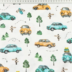 Baumwolle 100% türkis-orange Käfer auf weißem Hintergrund  